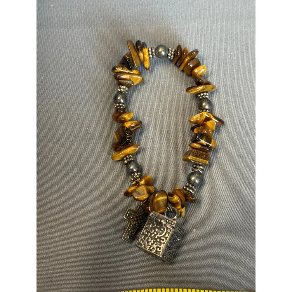 Tigers Eye Chip Bead Stretch Bracelet with Silver Prayer Box and Cross Charms